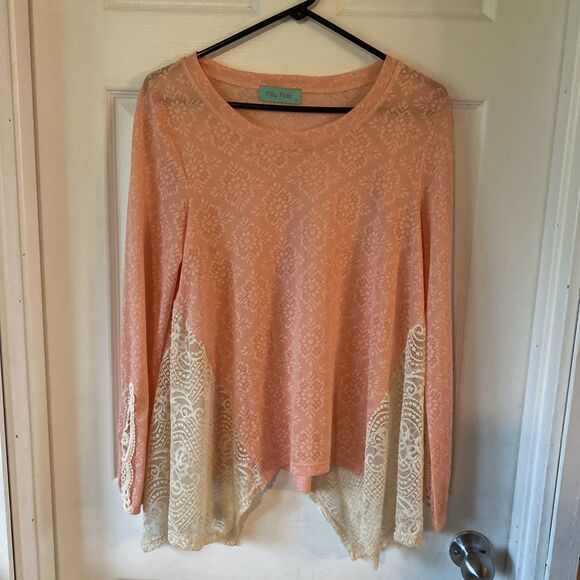 Filly Flair Women’s Size Small Lace Sheer Floral Pink Blouse Crochet Long Sleeve - Picture 1 of 11